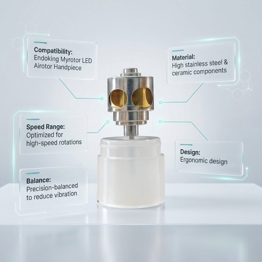 cartridge: push button body material: stainless steel connection: borden hole system (2 holes) ball bearing: ceramic color: silver autoclavable upto 135ºc led light head size: Ø11mm x h15 mm total length 12.5cm